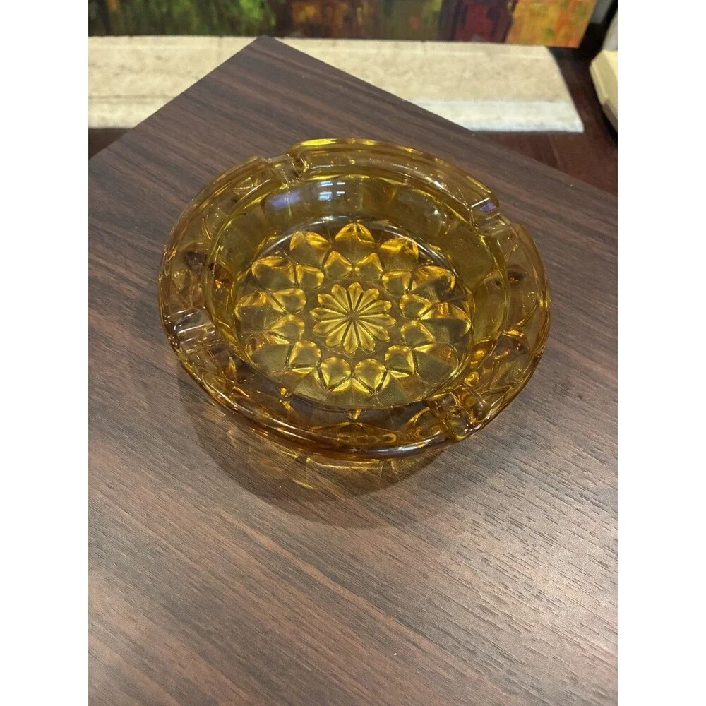 1960s Anchor Hocking Amber Glass Fairfield Starburst 6” Heavy Round Ashtray VTG